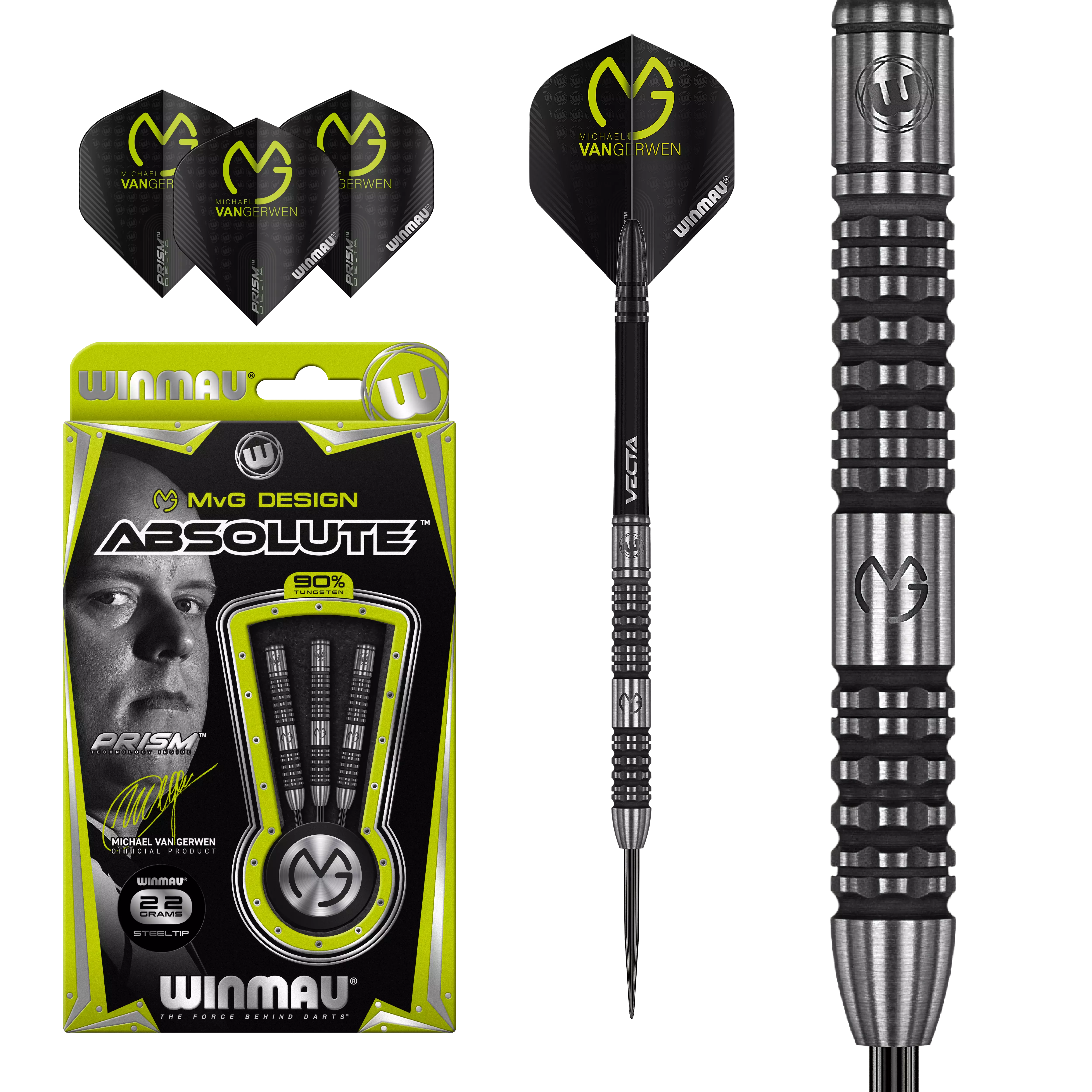 Click here to learn more about the Winmau MvG Michael Van Gerwen Design Absolute 90% Tungsten Steel Tip Darts .