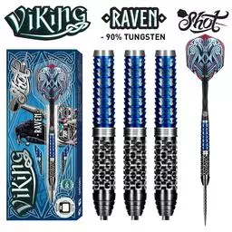 Click here to learn more about the Shot! Darts Viking Raven Steel Tip Dart Set-90% Tungsten Barrels.